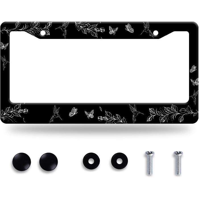 Black White Hummingbird License Plate Frame Leaves Floral Flowers License Plate Frames Funny Auto Accessory Stainless Steel Birds License Plate