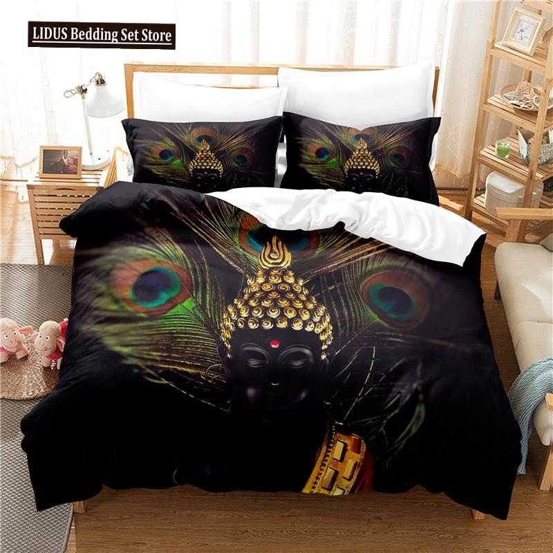 Buddha Statue Duvet Cover Set 3D Digital Printing Gold Queen King Size Bedding Set For Kids Boys Girls Polyester Comforter Set