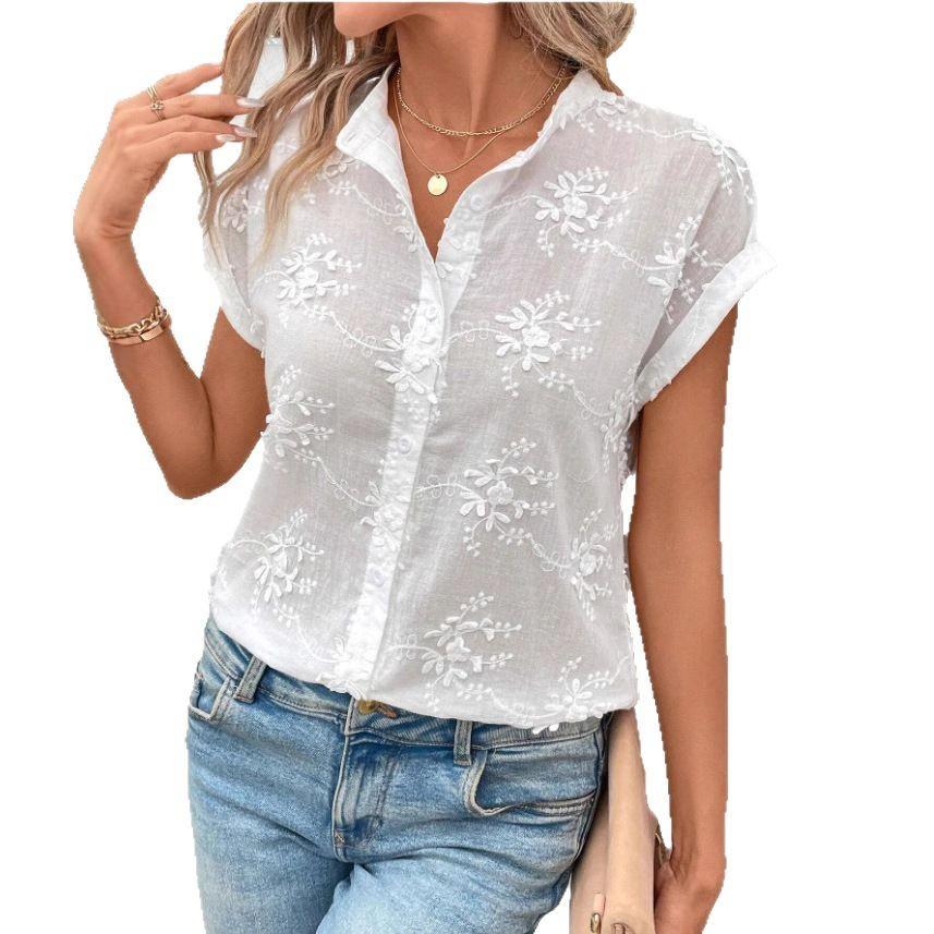 Women Summer Ruffles Short Sleeve Lapel Solid Color Embroidery White Shirt Top