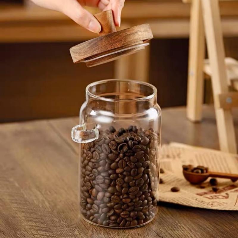 Food Storage Container Glass Jar with Wooden Lid & Scoop Grain Spice Coffee Bean