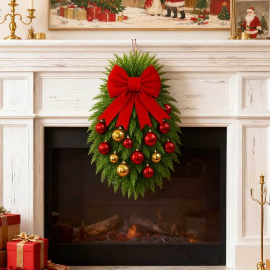 1/2Pcs Christmas Teardrop Swag Wreath with Norfolk Pine Greenery Stairway Swag Red Bow Balls Winter Xmas Hanging Garland Decoration