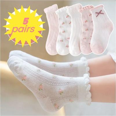 5 pares/lote de bonitos calcetines para niños y niñas, de algodón, lisos, de princesa, informales, de verano, de malla fina, con dibujos de flores
