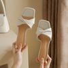 Fashion New Summer Green Orange Women Slippers Solid Color Shoes Classic Square Toe Flip Flops Beach Med Heel Slides Mules