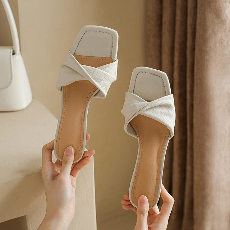 Fashion New Summer Green Orange Women Slippers Solid Color Shoes Classic Square Toe Flip Flops Beach Med Heel Slides Mules