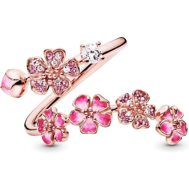 Anello regolabile, floreale rosa, anello aperto, stile femminile, design romantico con fiori di ciliegio, regalo di compleanno o per matrimonio