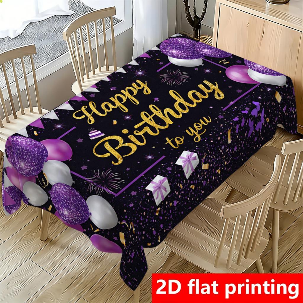 1pc Tablecloth, Purple Silvery Gift Box Butterfly Golden Letter Birthday Blessing Pattern Rectangular, Multiple Sizes Available. Suitable for New Year
