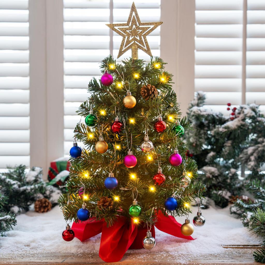 Joyfy 24 Inch Mini Christmas Tree with Lights Prelit Artificial Christmas Tree with Decorations Holly Berries Pine Cone Light Up