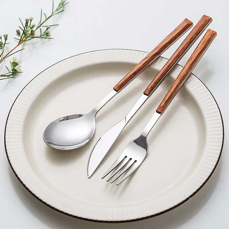 Imitation Wood Handle Stainless Steel Flatware Set Knife Fork Spoon Teaspoons 5 Pieces Set Korean Ins Kitchen Tableware Set Home Party Dinnerware Set