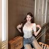 Lace v-neck short-sleeved T-shirt women's summer new bow pure desire wind spice girl tight short top