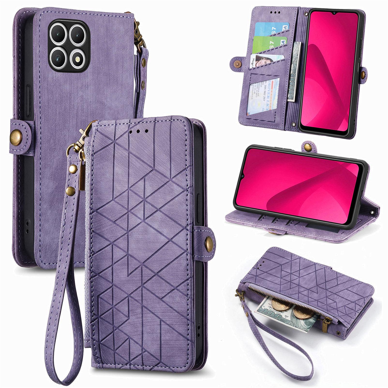 

For T-Mobile REVVL 7 Wallet Case Geometry Leather Phone Cover Zipper Pocket Light Purple