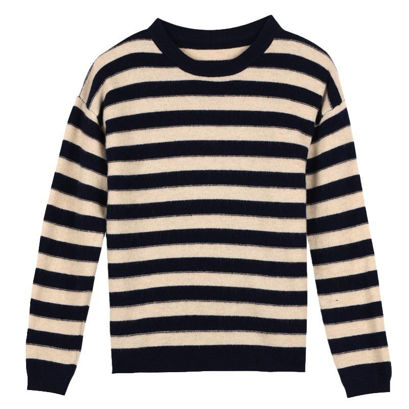 Andy Velvet Striped Round Neck Knitted Base Shirt for Women In Autumn and Winter Skin-friendly and Warm Pullover Top Loose and Versatile Sweater