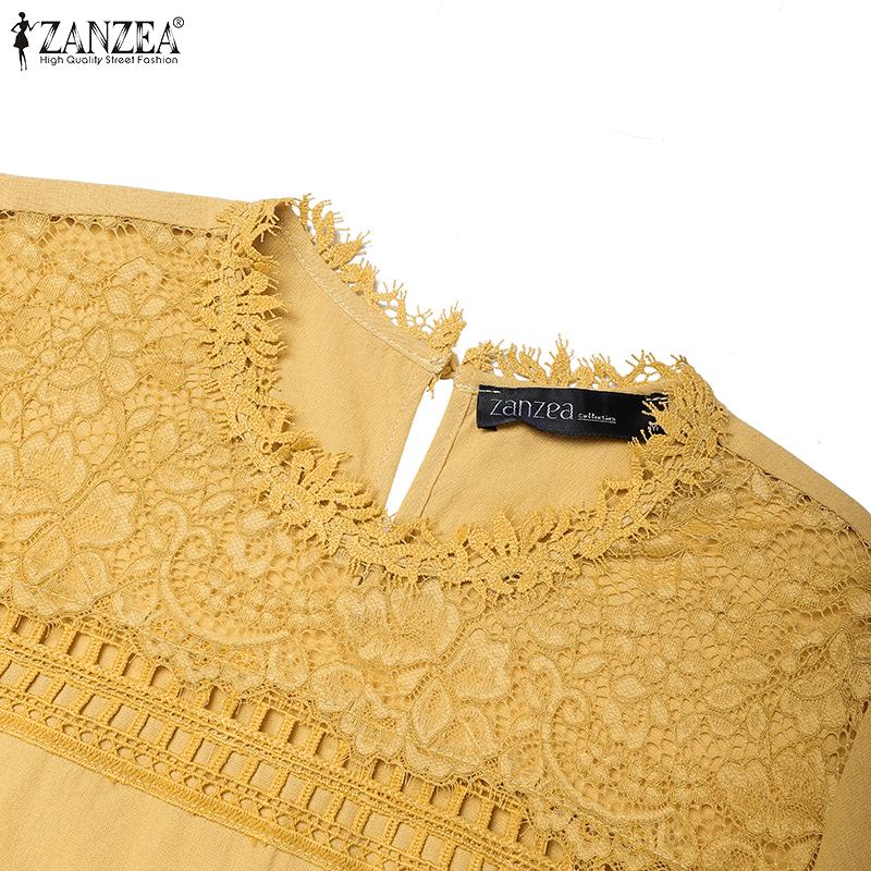 ZANZEA Abito Tunica Casual Vintage da Donna con Scollo Rotondo e Maniche Corte con Patchwork di Pizzo