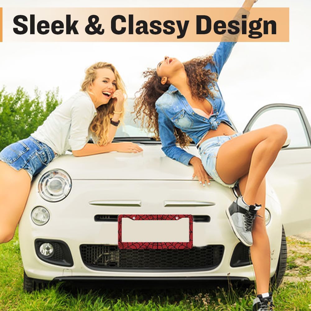 Decorative License Plate Frame Black Red Spider Web with a 3D Look, Personalized Novelty License Plate Frame Metal License Plate Holder for US