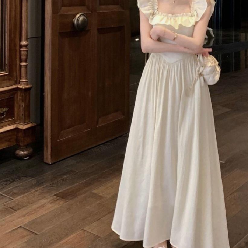 Sweet and Gentle Pink Small Flying Sleeve Dress Women's Summer Lotus Leaf Edge Square Neck Long Dress Waist Temperament a Word Skirt