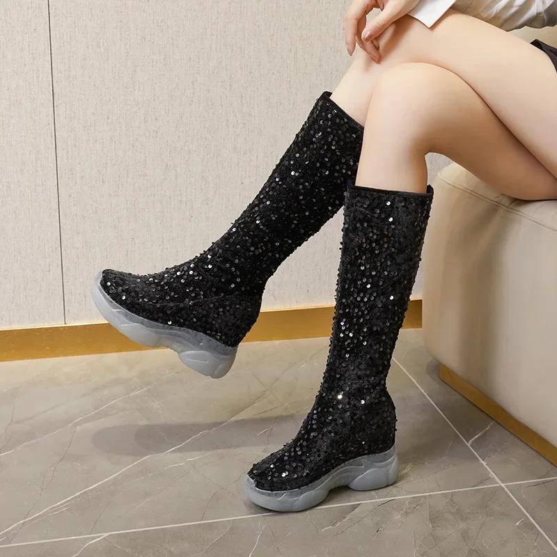 2025 New 8cm Fashion Sequin Knee High Boots Women Glitter Bling Shiny Trend High Heels Side Zip Platform Boots Goth Shoes