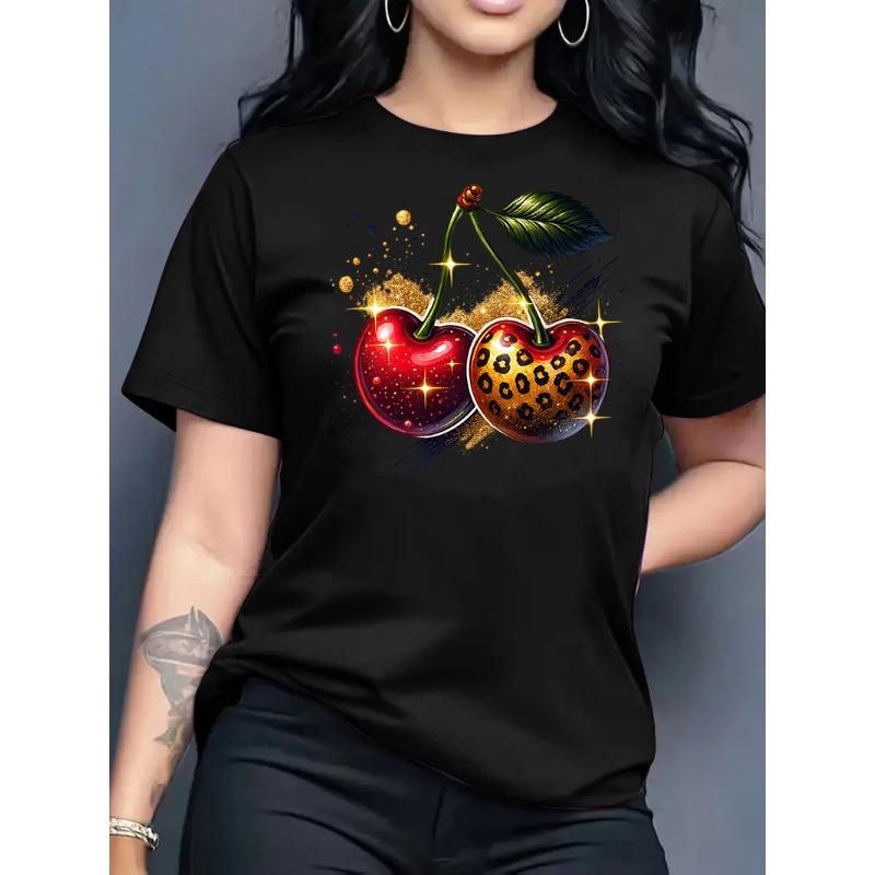 Summer  Round Neck Top Fashion Casual Loose Apple Print Simple Versatile T-Shirt Women Clothes