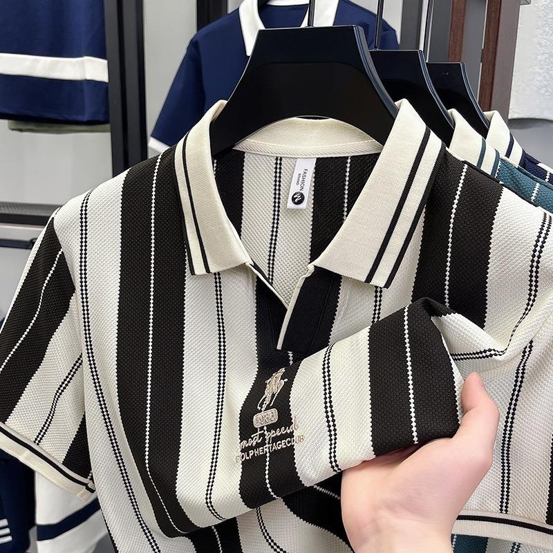 Men s Black And White Vertical Striped Short Sleeve Polo Shirt For Casual Wear M