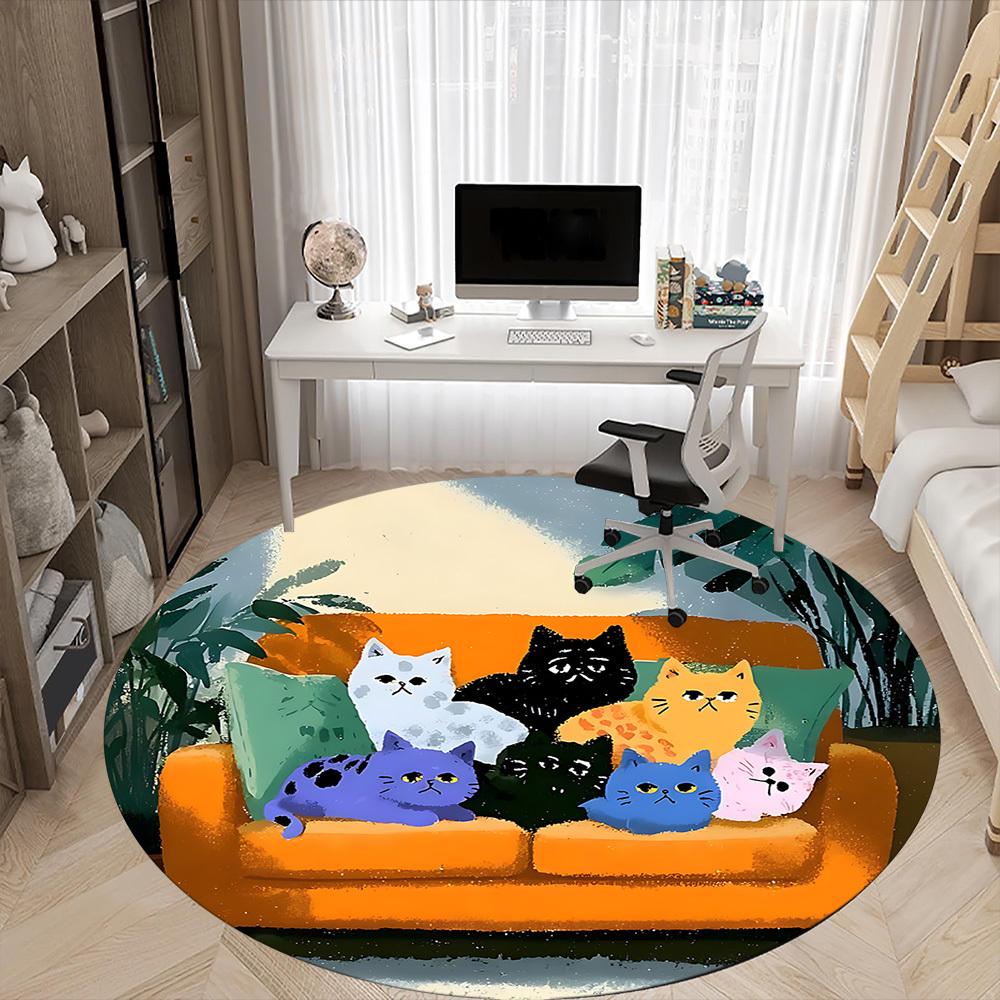 1PC Cat Family Office Round Area Rug,  Mat Suitable ForOffice, Under Office Chairs Bedroom Living Room Home Decor, Room Deco