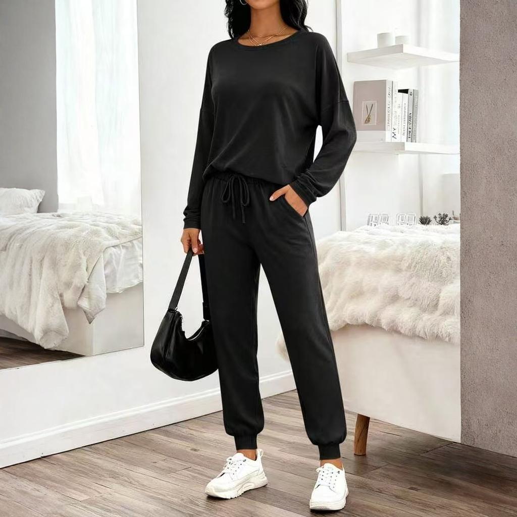 Damen Zweiteiler Langarm-Oberteil und Hose mit Kordelzug Lässiges Lounge-Outfit Weicher Stoff Lockere Passform für den täglichen Gebrauch