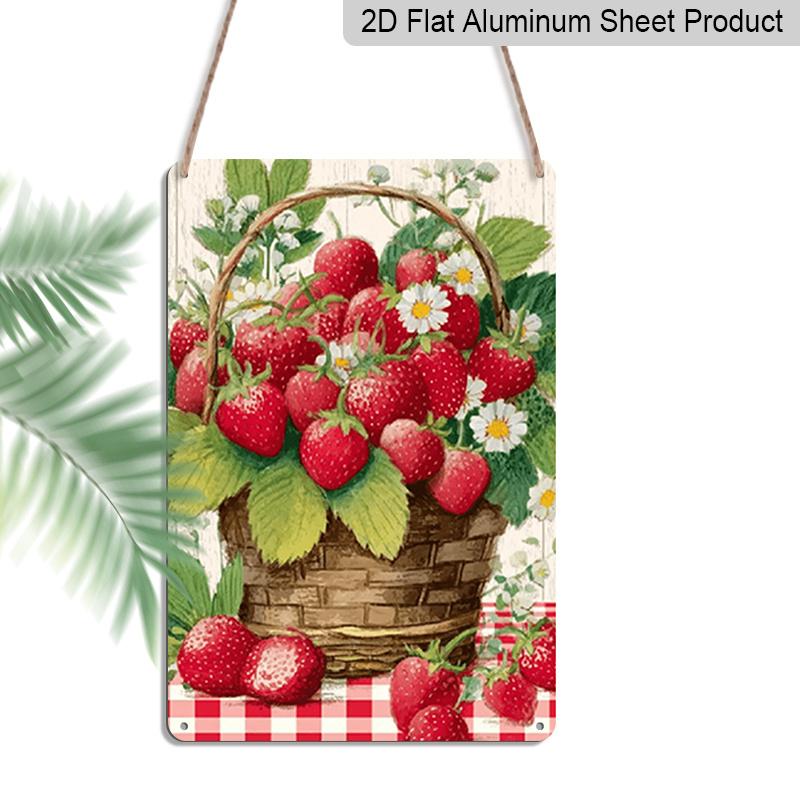 2D Flat Decorative Sign Plaque | Strawberry Welcome Garden Aluminum Sign, Strawberry and Basket Garden Decor, Summer Fruit Theme Yard Sign Lawn Sign