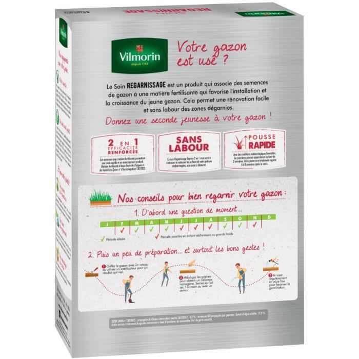 Semences de gazon VILMORIN - Soins regarnissage universel 2 en 1 boite de 1kg - Repousse tres rapide