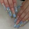 24Pcs Blue Butterfly French Tip Long Ballet Press On Nails With Glitter Full Cover Fake Nail Tips