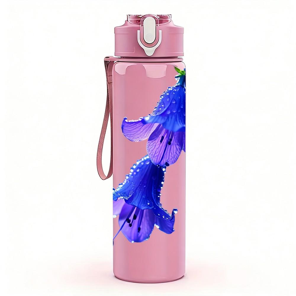 1PC Blue Purple Bell Orchid Flower Print 750ml Color Plastic Sports Water Bottle Leakproof Flip Straw Lid Suitable for Sports Office Home Use