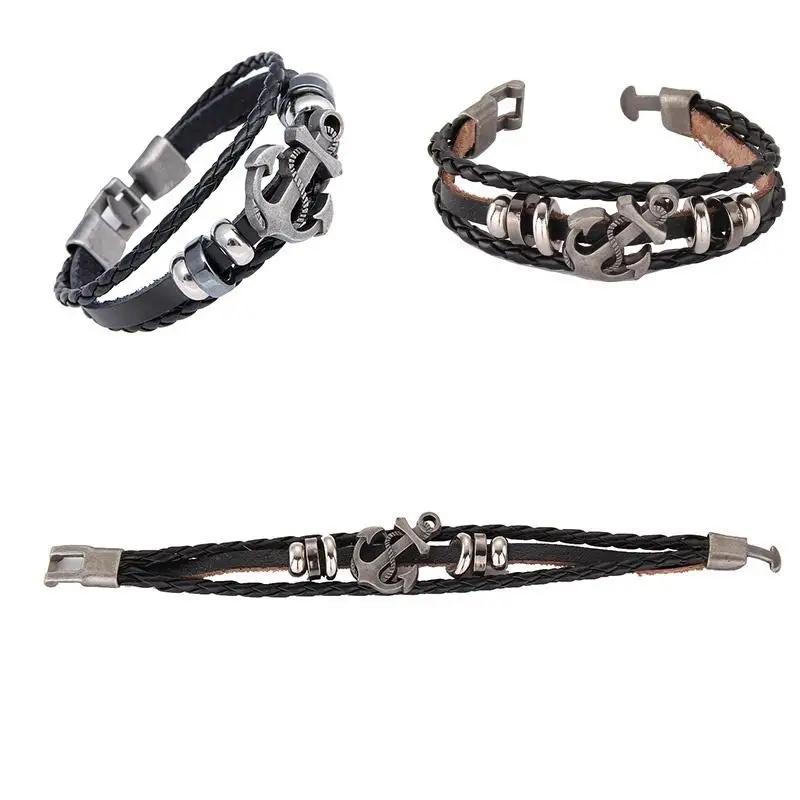 Mens Fashion Decoration Black Leather Anchor Wristband Bracelet Stainless Steel Clap Gift Accessoriescreative Birthday Gifts