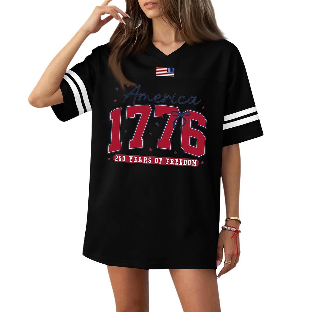 Women's Casual Fashion V-Neck Sports Independence Day Print Short Sleeve Sports T-Shirt Top