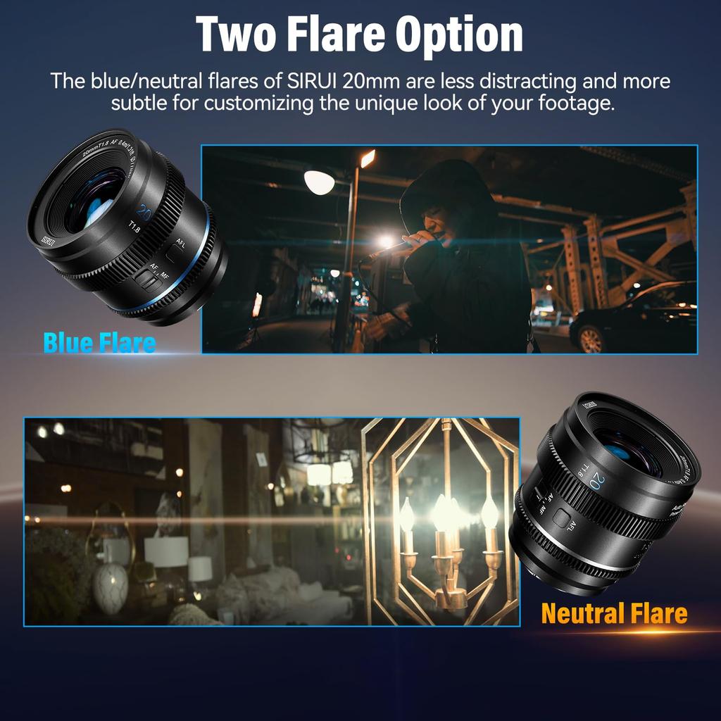 SIRUI 20mm Anamorphic Lens S35 Autofocus Lens with Neutral Flare T1.8 1.33X (Compatible E-Mount) A6500/A6700/FX3/30/ZV-E Series/A7 Series/A9/9II -