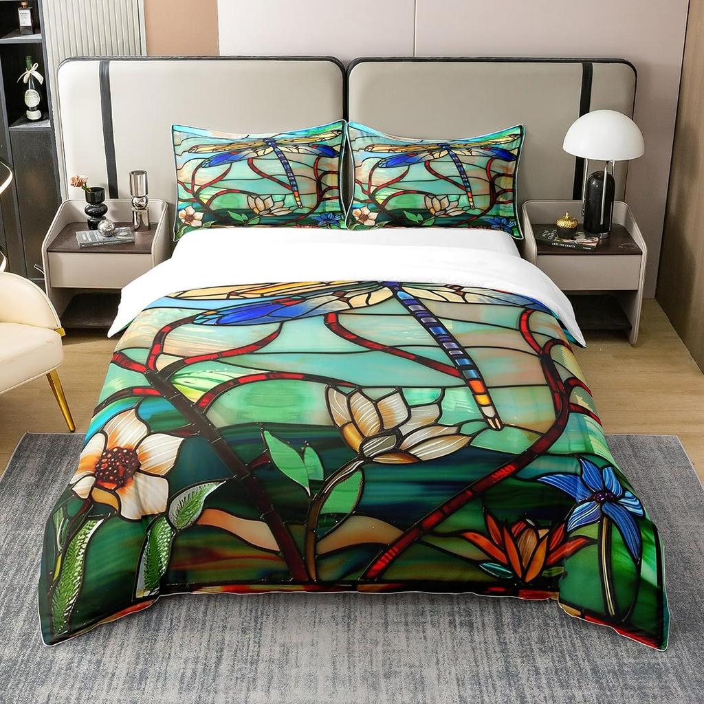 Dragonfly and Lotus Duvet Covers for Kids Teens Lightweight Quilt Covers Blossom Flowers Pond Natural Scenery Animal Bedding Set