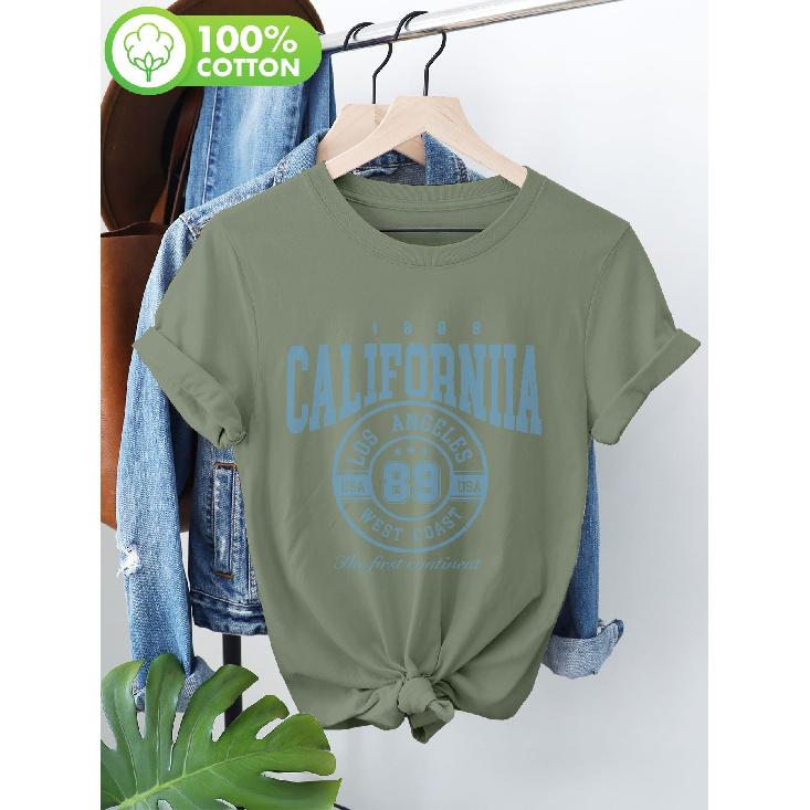 Spring and Summer Women's tops Vintage style Letters Number 1889 CALIFORNIA LOS Fashion Wear Pure Cotton Short Sleeve Leisure Round Neck Women's