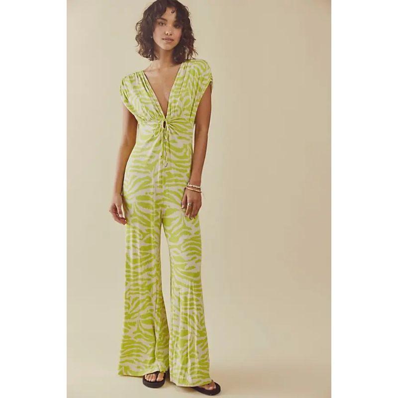 

FP Классический принт PO MY Суперкомфортный вискозный комбинезон с вырезами, глубоким V-образным вырезом, завязками на спине и широкими брюками $168 Light green white Print system L