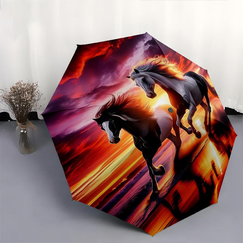 Sunset,Horses Automatic Folding Umbrella Compact 8 rib Design,Unique Style,Suitable for Everyday Outdoor Use,Perfect Gift for Friends