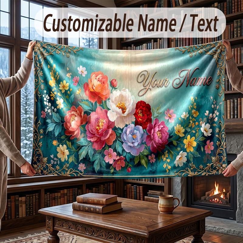 Floral Garden Theme Throw Blanket Custom Name Text Personalized Blanket Soft Cozy Blanket for Home Sofa Bed
