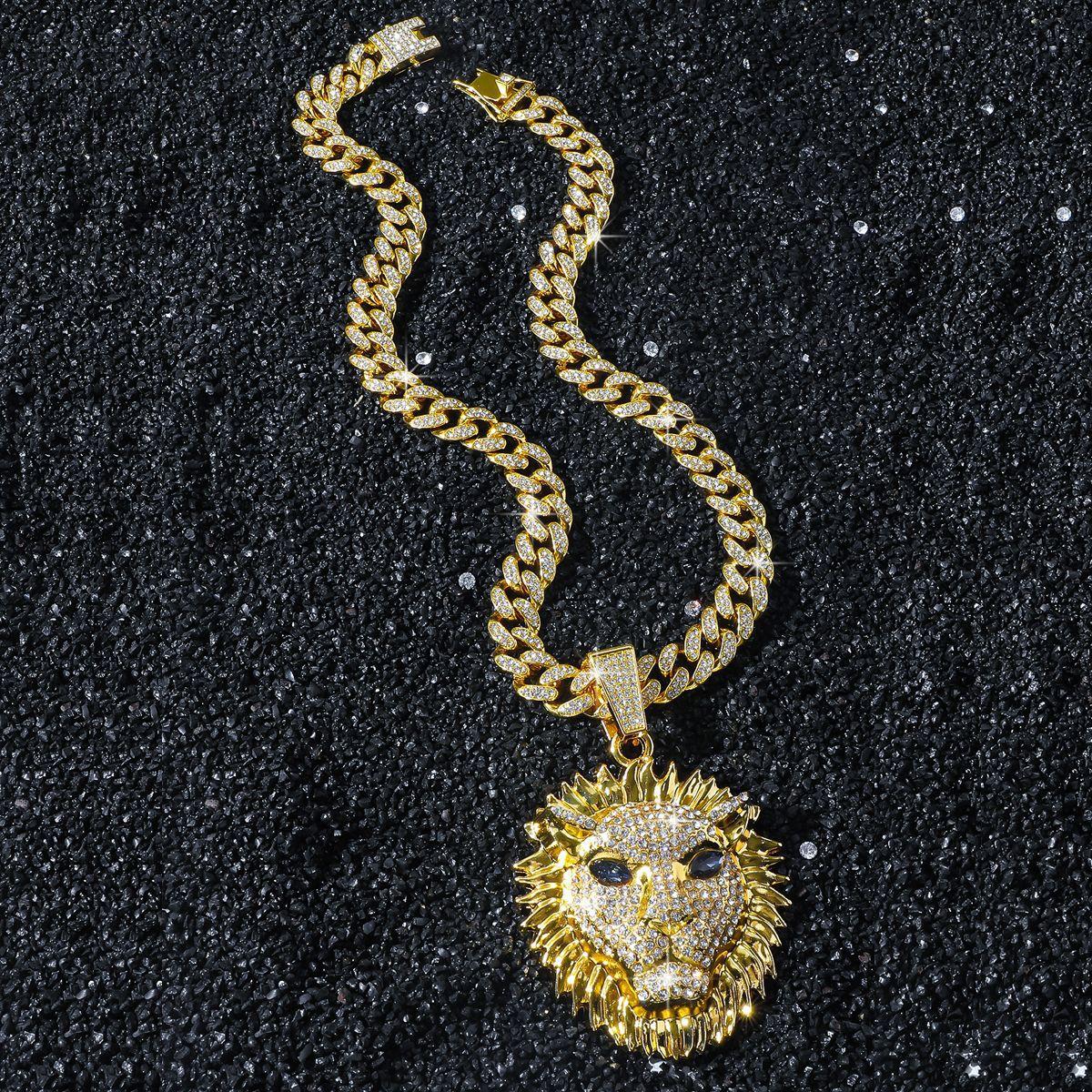 

Подвеска в виде головы льва с бриллиантами, цепочка с драконьей бородой, мужское ожерелье в стиле хип-хоп