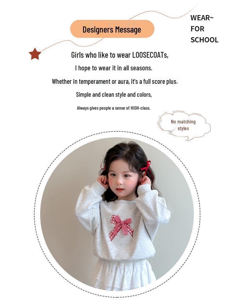 2025 Bow Lace Girls' Sporty Two-Piece Sweatshirt Set for Spring and Autumn