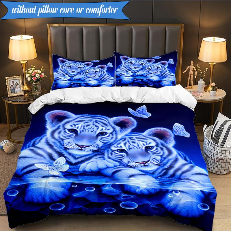 3PCS White Tiger Family Bedding Set,Including 1pc Duvet Cover And 2pcs Pillowcases Perfect for Bedroom, Dormitory, Fan Christmas gift