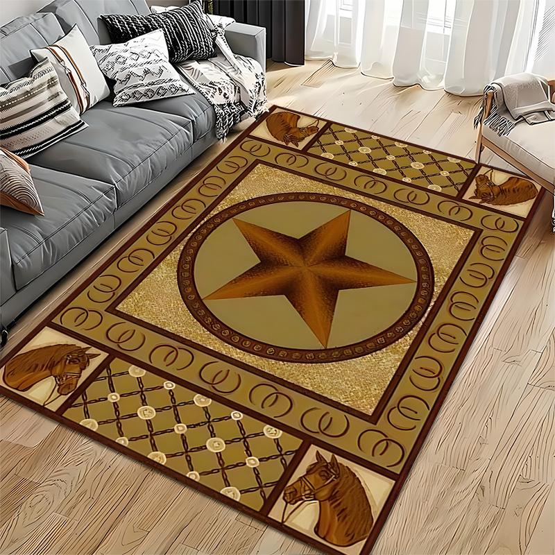 Western Star and Horse Design Rug - Non-slip rug suitable for living room and bedroom sofas.