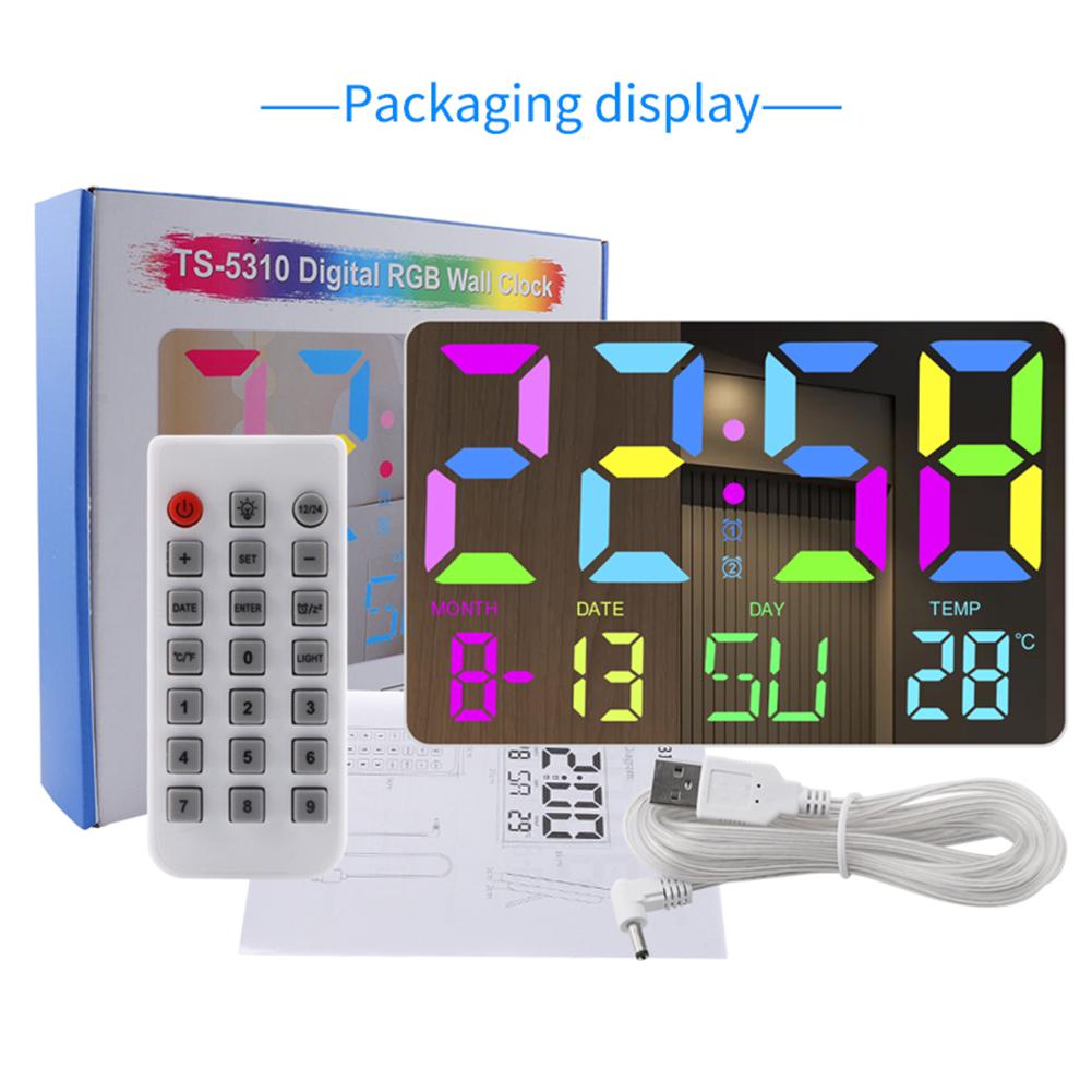 10 Inch Digital Alarm Clock 5 Brightness Levels Wall Alarm Clock with Remote Control Dynamics RGB Display for Home Office School