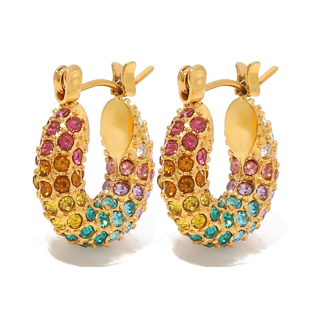 New Lava Hammered Colorful Zircon Earrings 18K Stainless Steel Gold Plated Chunky Hoop Earrings