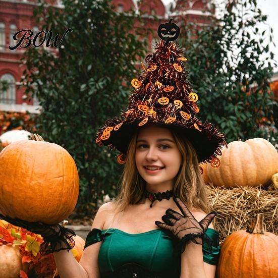 Autumn Seasonal Decor Halloween Witch Hat Pumpkin Decor, Metallic Rain Curtain Door Hanging Ornament for House Warming Decorations Party, Spooky