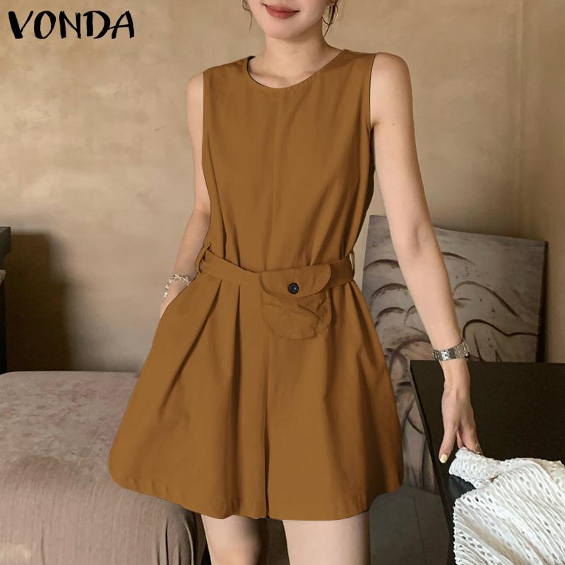 

VONDA Women Sleeveless Dress Summer Round Neck Belt A Line Casual Mini Dress 5XL коричневий