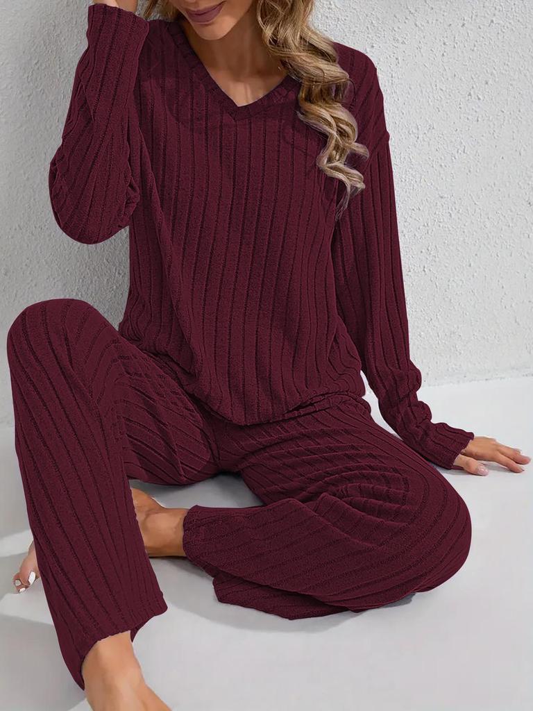 Cozy Striped Plush V-Neck Top & Casual Pants Pajama Set for Autumn/Winter