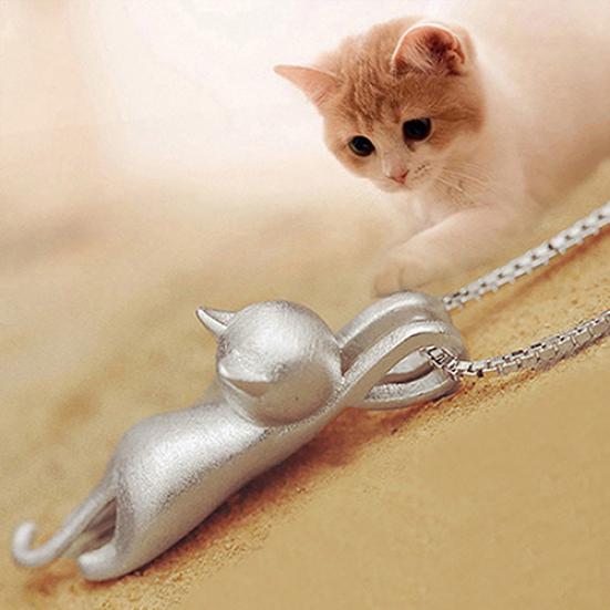 

Women 925 Sterling Silver Lovely Jumping Cat Pendant Necklace Collar Jewelry