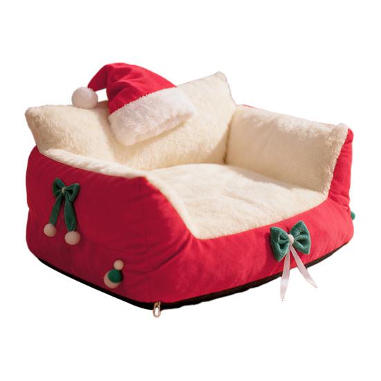 Christmas Cat Bed Fluffy Pet Sofa Bed with Removable Washable Cover Cozy Plush Cat Sofa for Winter Holiday Indoor Cats Rest Play