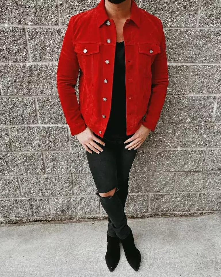Designer Party Red Lambskin Jacket Handmade Suede Men Genuine Leather Stylish