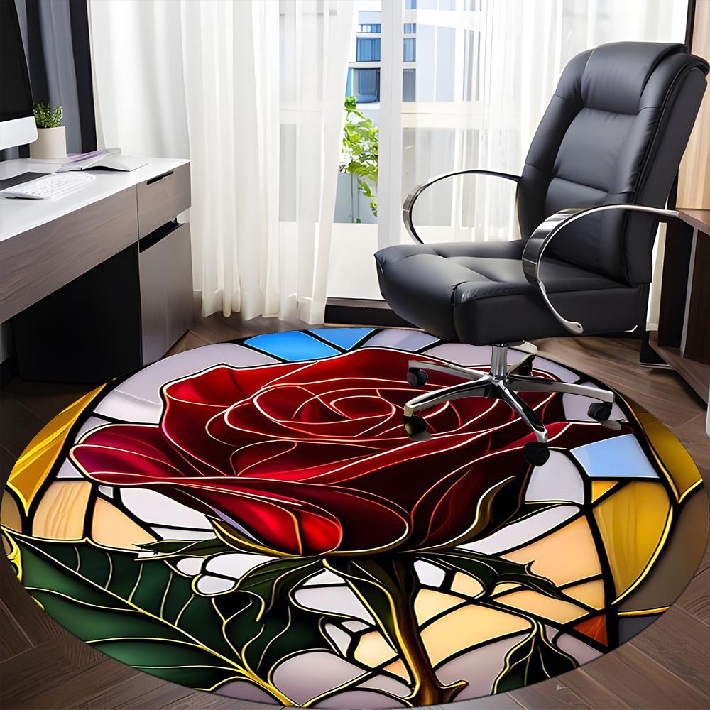 1pc Rose StainedGlass Office Round Area Rug, Under Office Chairs Bedroom Living Room Home Decor, Room Deco