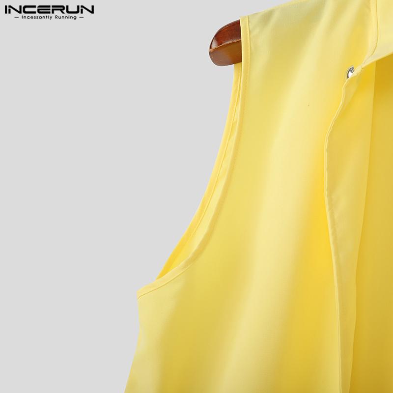 INCERUN Men Satnd Neck Sleeveless Open Front Decorative Buttons Casual Long Cardigan