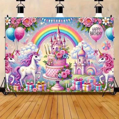 Rainbow Castle Magic Unicorn Theme Banner Background, Children's Birthday Party, Home Decoration Photography Background Cloth